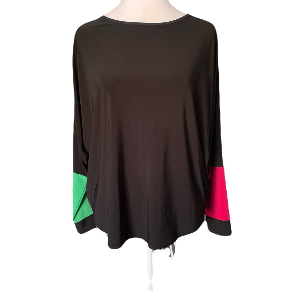 Sympli Women’s Size 8 Black Colorful Sleeve Detail Liquid Knit Long Sleeve Top